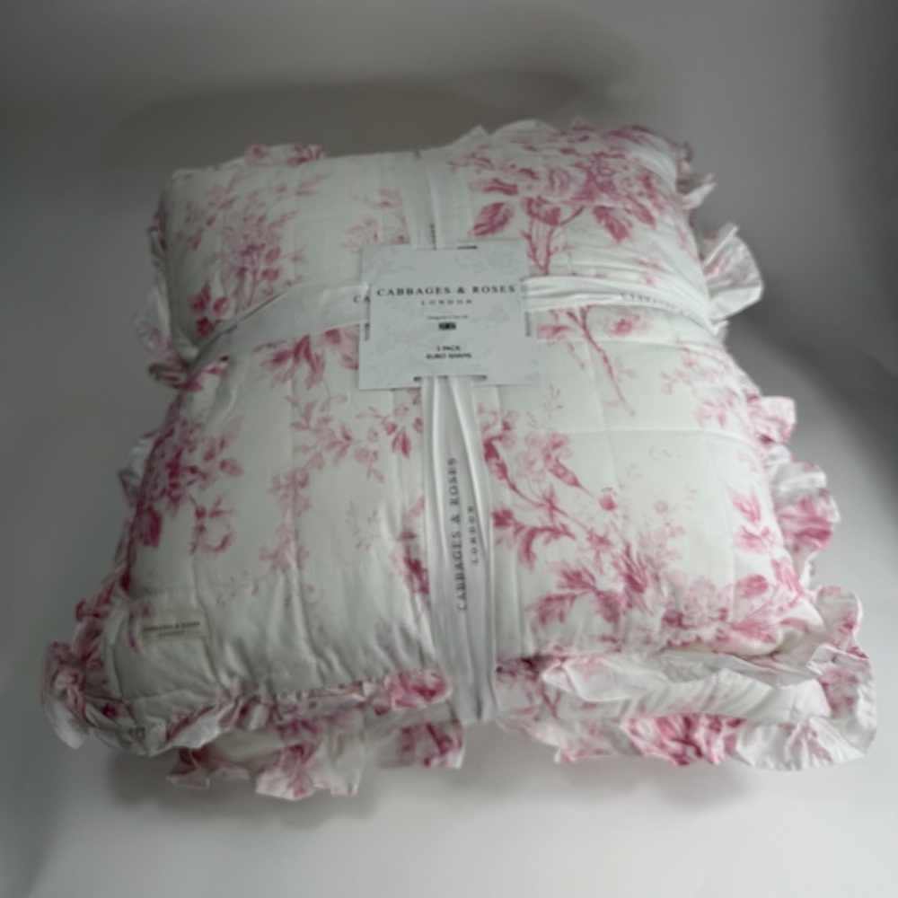 2 Elegant Pink Floral Euro Shams Ruffles Cabbages & Roses London ~ Raspberry - Picture 4 of 16